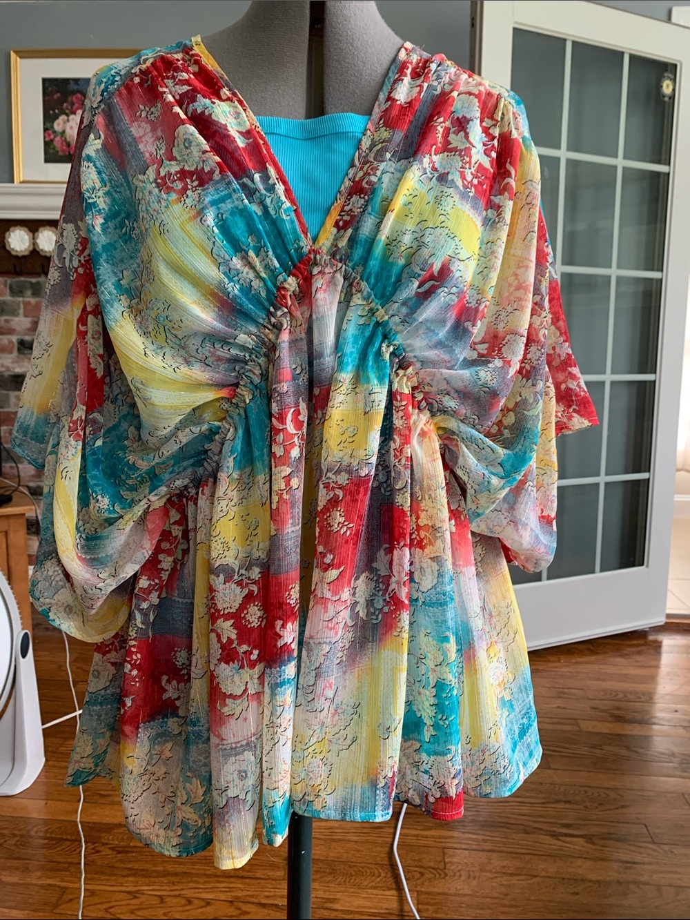 BUCKETLIST Teal and Yellow Sheer Floral Kimono